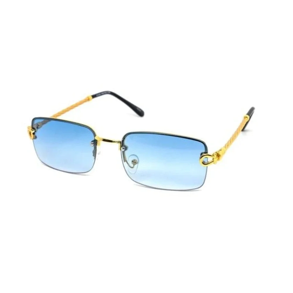Rimless Rectangle Sunglasses Blue Lens‎ Gold Frame Men's Fashion Hip Hop Classic